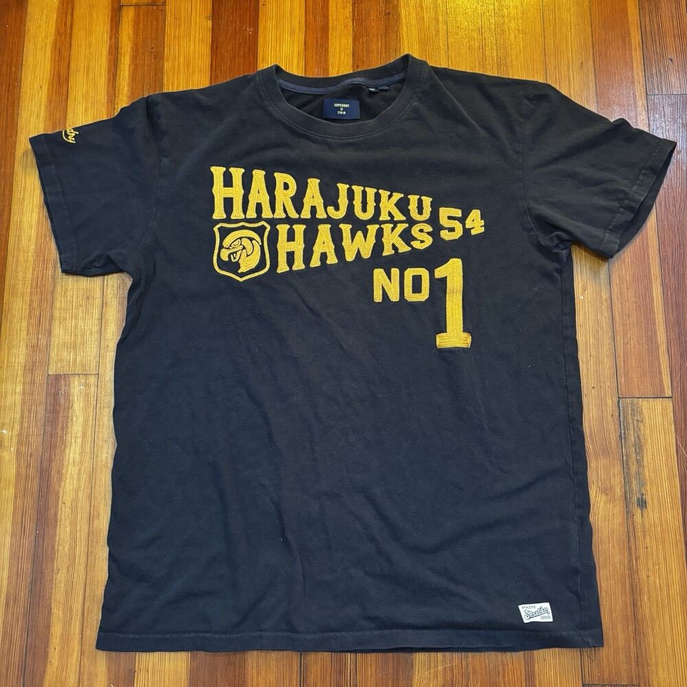 Superdry Harajuku Hawks Graphic T-Shirt Mens Large Black Yellow Tee